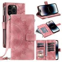 Feishell Zipper Wallet Case for iPhone 14 Pro,for Women Men,Stylish Embossed Pattern PU Leather Multi Card Slots Magnetic Clasp Flip Kickstand Crossbody Phone Case with Shoulder Strap,Pink