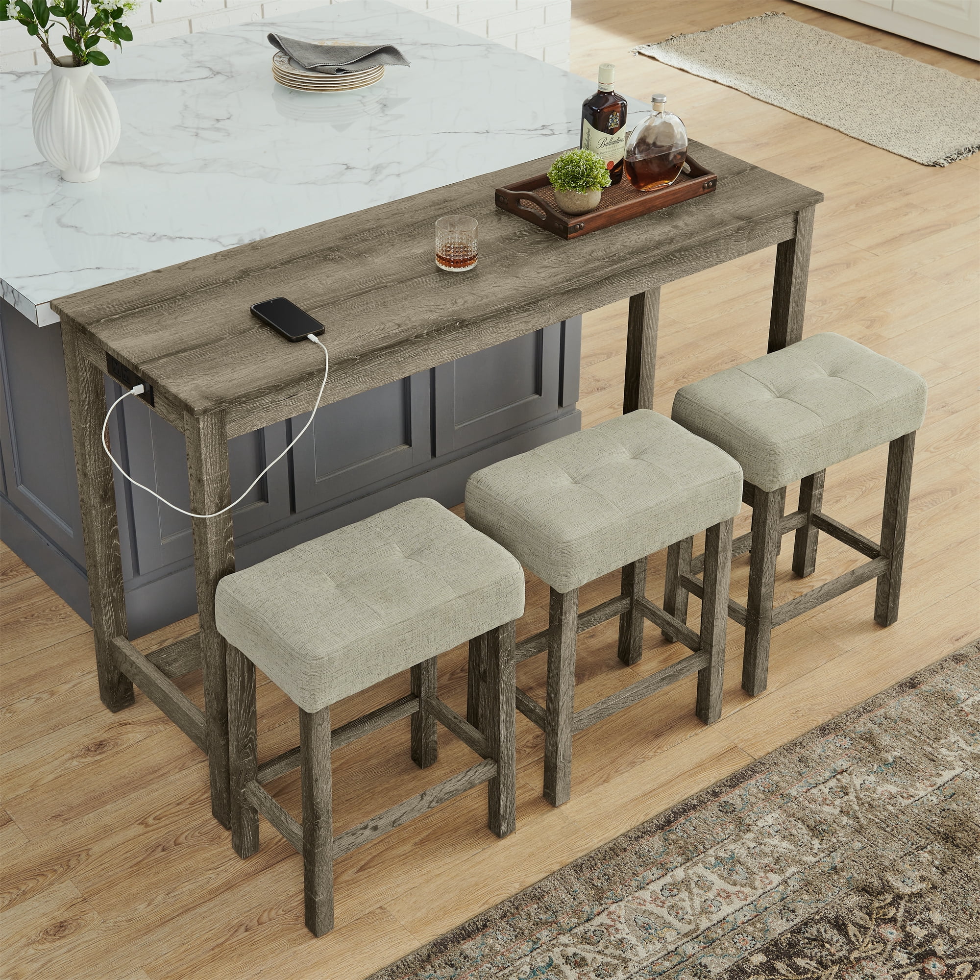 Leumius 4 Piece Bar Table Set with Power Outlet,Rustic Industrial Style Breakfast Table with 3 Padded Stools,Dining Bar Table and Chairs Set for Living Room, Dining Room, Game Room,Brown