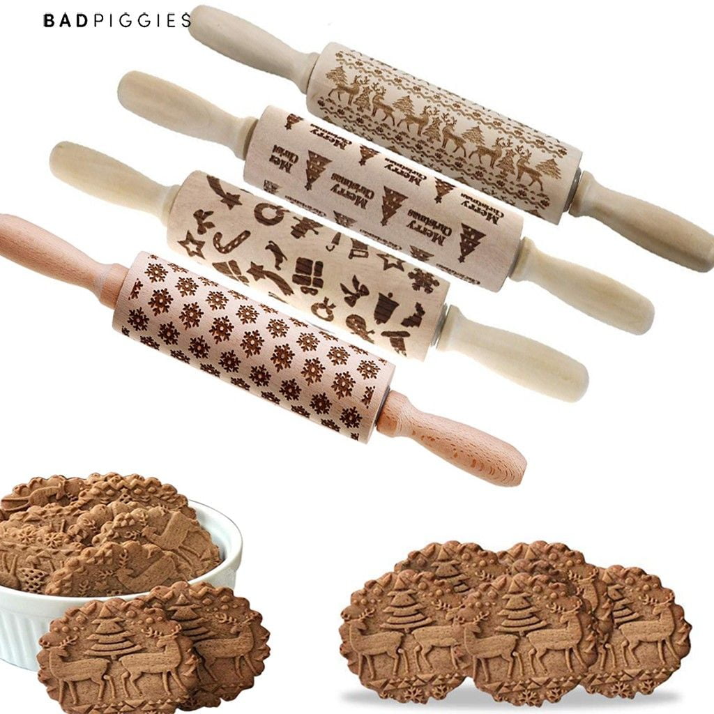 Christmas Wooden Rolling Pin Engraved Rolling Pin Baking Cookies Biscuit Tool 