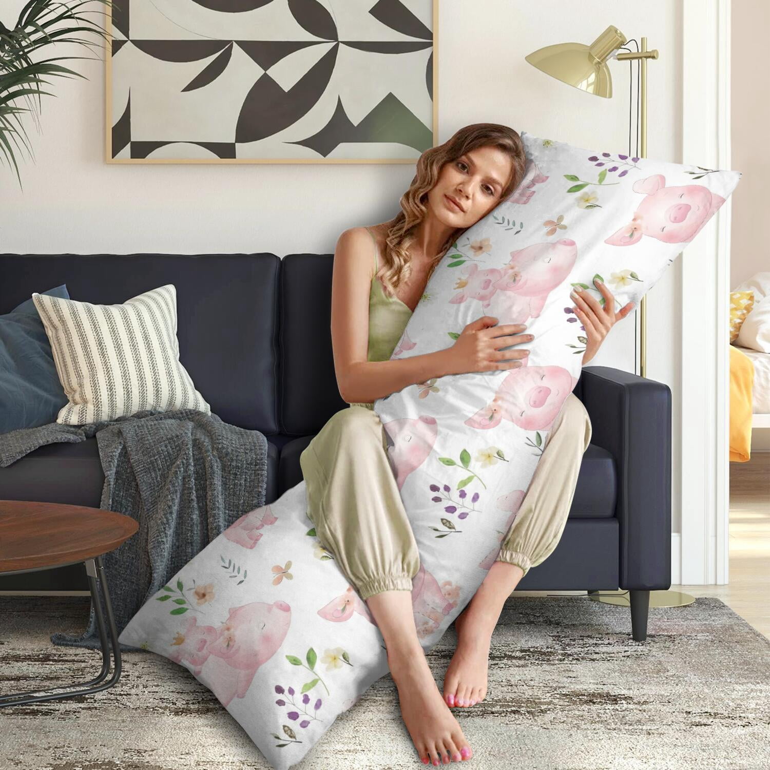 Pink Watercolor Pig Body Pillow Cover 20x54 - Cute Pig Farm Animal Aesthetic Minimalist Design - Full Length Support Pillowcase with Invisible Zipper