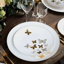 Efavormart Set of 20 White Gold Butterfly Round Plastic Plates, Disposable Dinner and Salad Plates with Gold Rim - 10",7"