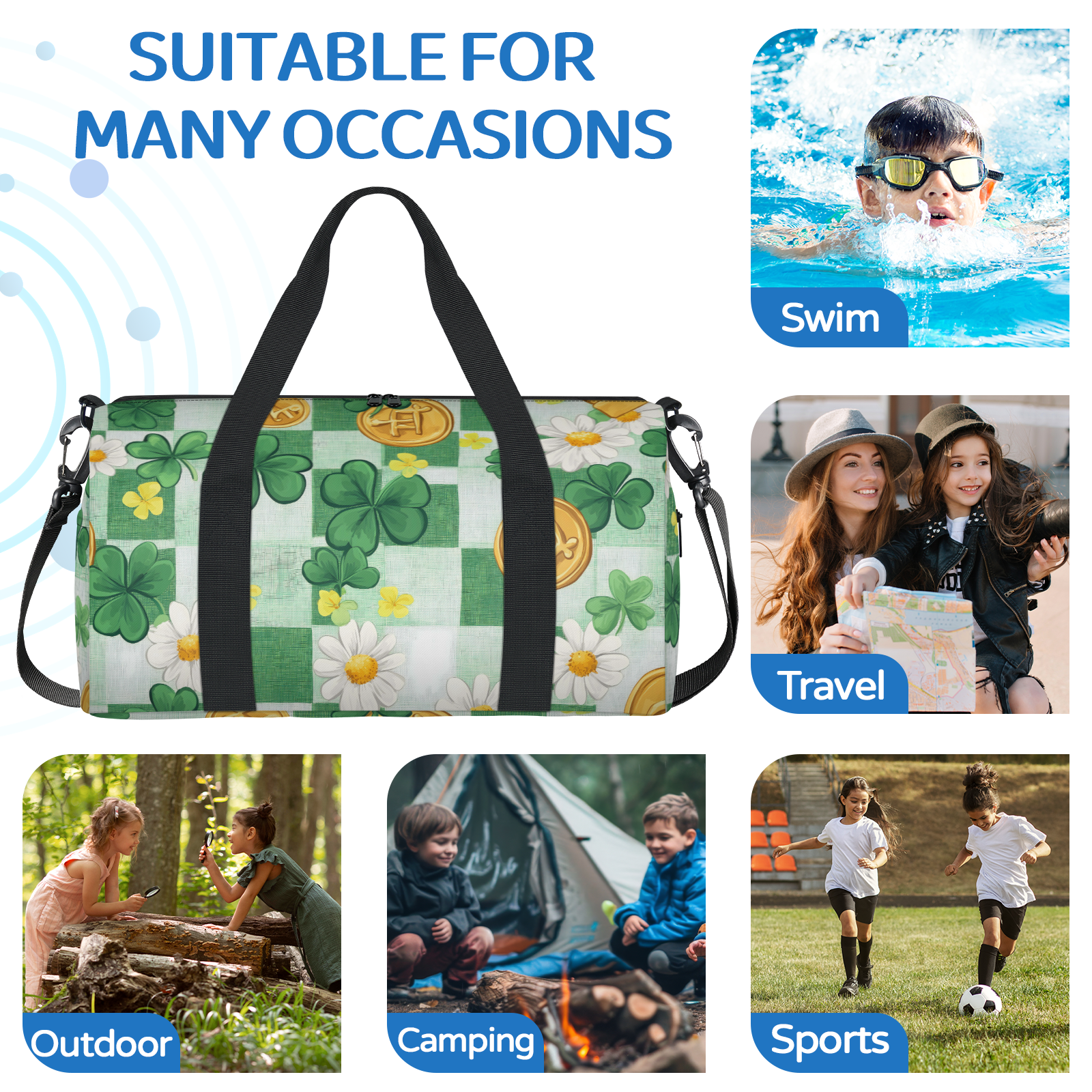 Herdesigns St. Patrick's Day Shamrock Gym Bag for Women, Duffle Bag for Travel Sport, Lightweight Waterproof Carry on Weekender Overnight Dance Yoga Workout Bags