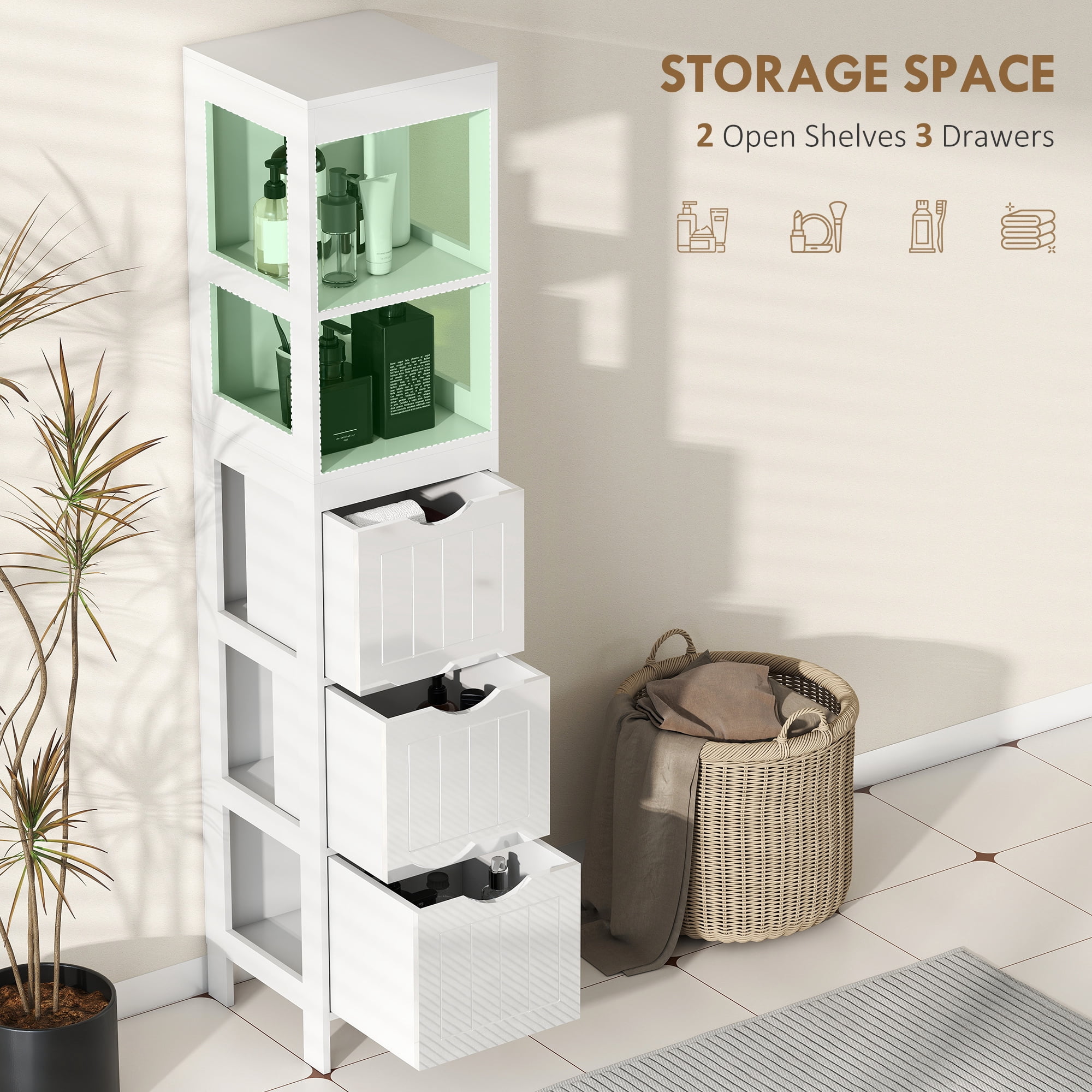 HOMCOM Narrow Bathroom Storage Cabinet, Bathroom Cabinet with 3 Drawers & 2 Open Shelves, Freestanding Slim Bathroom Floor Cabinet, White