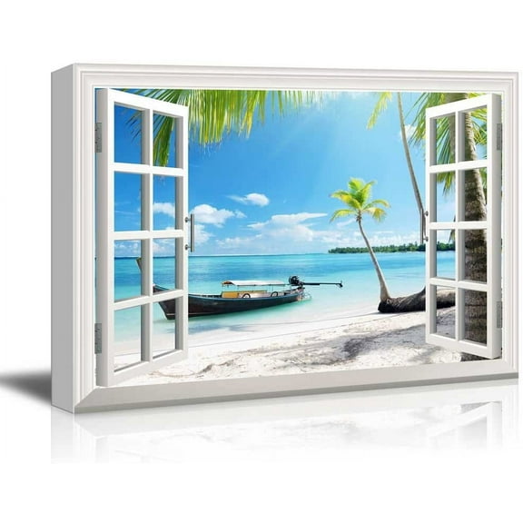Window View Wall Art 3D Creative Lake Boat Picture Gallary Wrapped Canvas Art For Bedroom Livingroom Decoration Print Ready to Hang