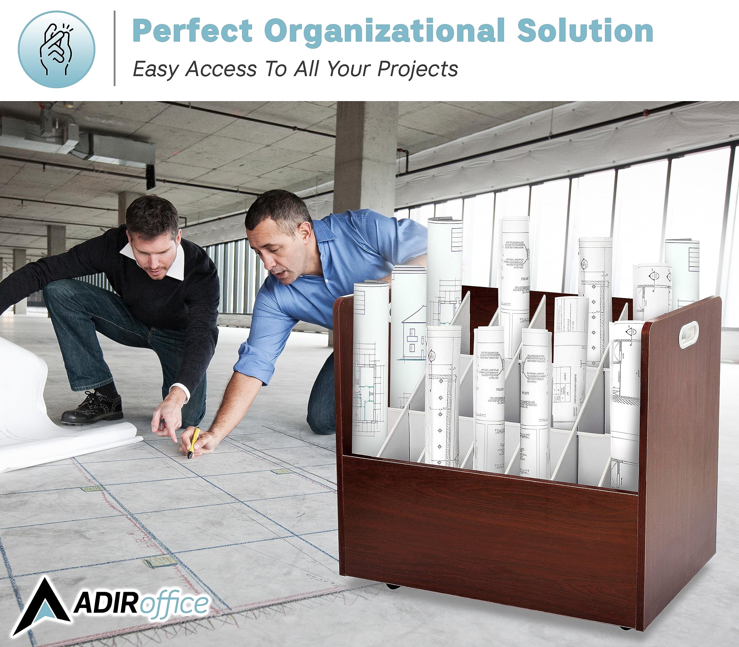 Adir Blue Print Storage Organizer - Mobile Roll File Cart, Construction Plan Holders, Blueprint Cabinet with Wheels, Roll Files Storage for Office and Home (21 Slots, Mahogany)