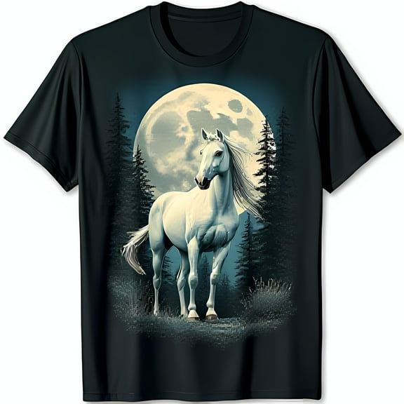 Serene Black T-Shirt with Majestic White Horse Graphic Under Full Moon