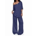 thumbnail image 2 of Women'S 2 Piece Travel Outfits Casual Short Sleeve Knit Sweater Set Wide Leg Pants Lounge Sets Dark Blue S, 2 of 8