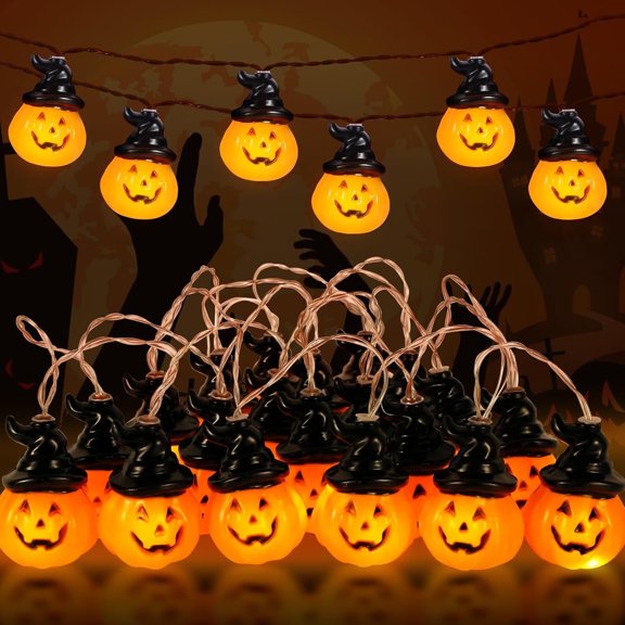 Battery Operated Pumpkin Lights for Halloween Decorations Indoor, Jack-o-Lantern String Lights for Halloween Party Front Door Porch Fireplace Camper Golf Cart Parade Garland Wreath Decor