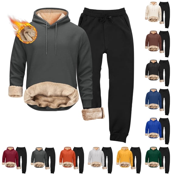 Blekii Men's 2 Piece Tracksuit Sets Fleece Fuzzy Hooded Sherpa Sweatshirt & Joggers, Winter Warm Two-Piece Outfit, Cuffed Ankle Sweatpants Set, Thick Cozy Loungewear for Cold Days,