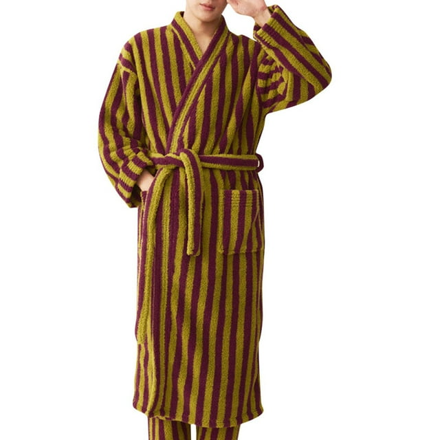 Christmas Clearance! Grrvtrz Mens Full Length Flannel Robe, Striped Plush Fleece Robes, Shawl Collar Bathrobe Loungewear House Robes( Pants Not Included )