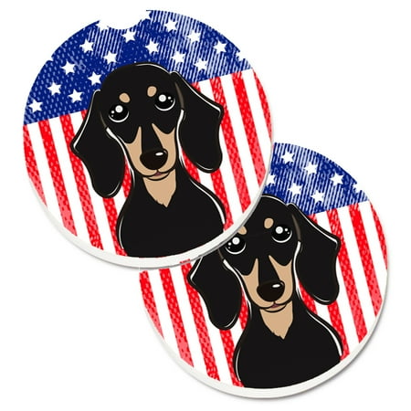 

Carolines Treasures BB2145CARC American Flag and Smooth Black and Tan Dachshund Set of 2 Cup Holder Car Coasters