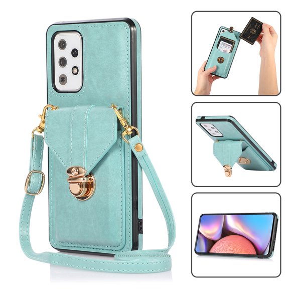 Crossbody Wallet Women Case for Samsung A32 5G,[RFID Blocking] Credit Card Holder with Should Strap,Premium PU Leather Purse Metal Buckle Folio Flip Cover for Samsung Galaxy A32 5G, Green