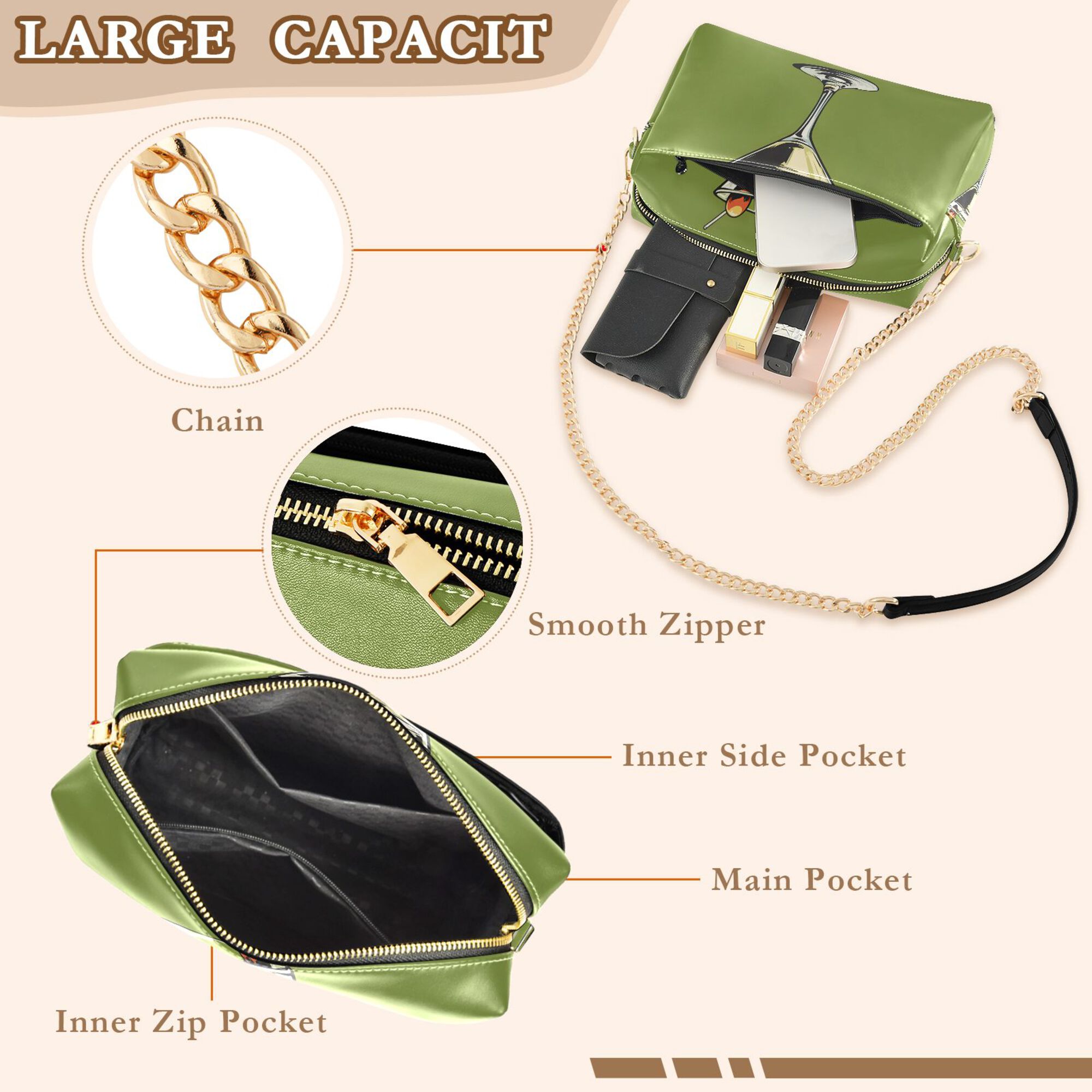 FORMRS Women Crossbody Purse with Chain Strap Vegan Leather Shoulder Handbag, Light Black Martini