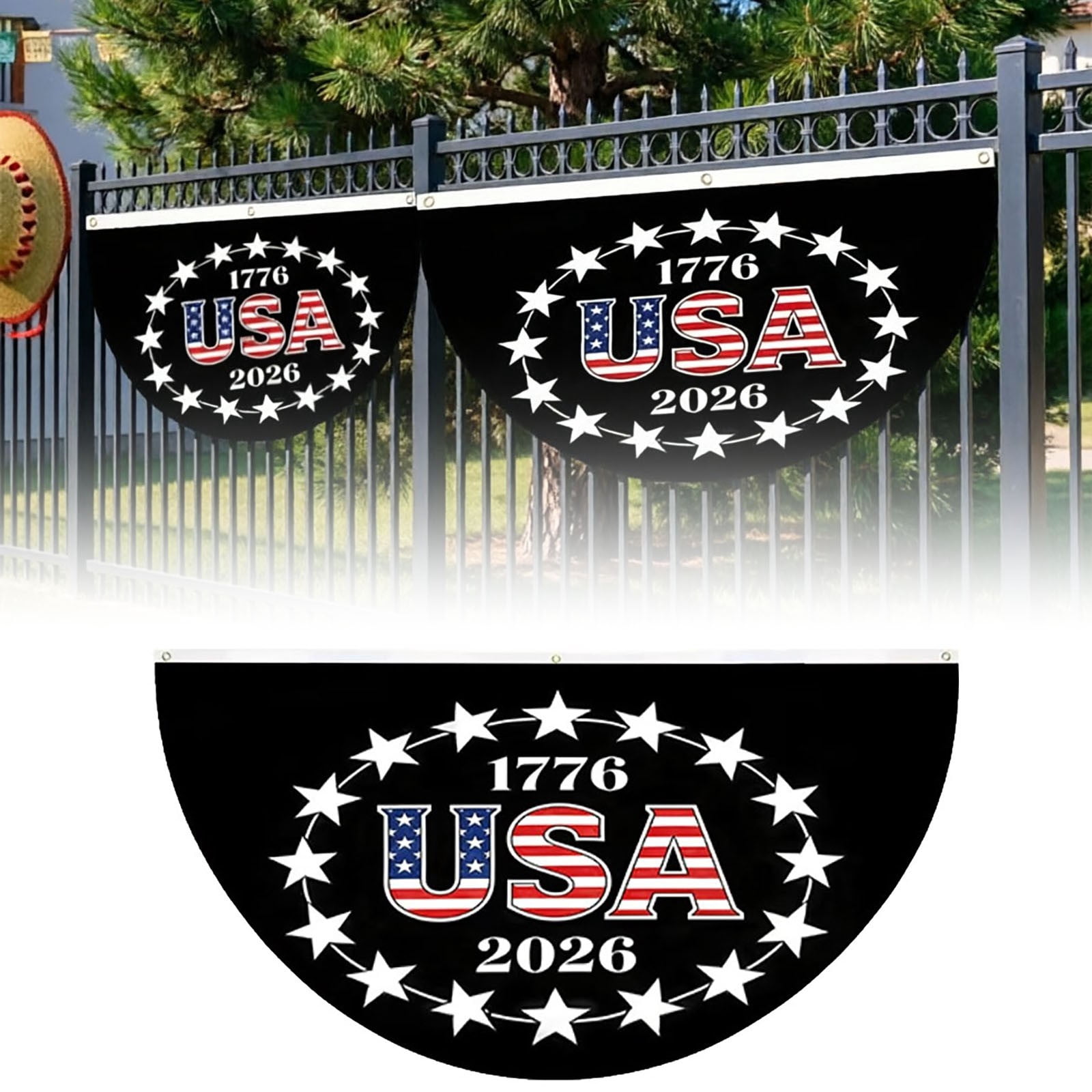 Patriotic Half-Round Bunting Banner 1776-2026 Polyester Flag with Metal Grommets 4th of July USA 250th Anniversary Decoration for Independence Day Fence and Outdoor Decor