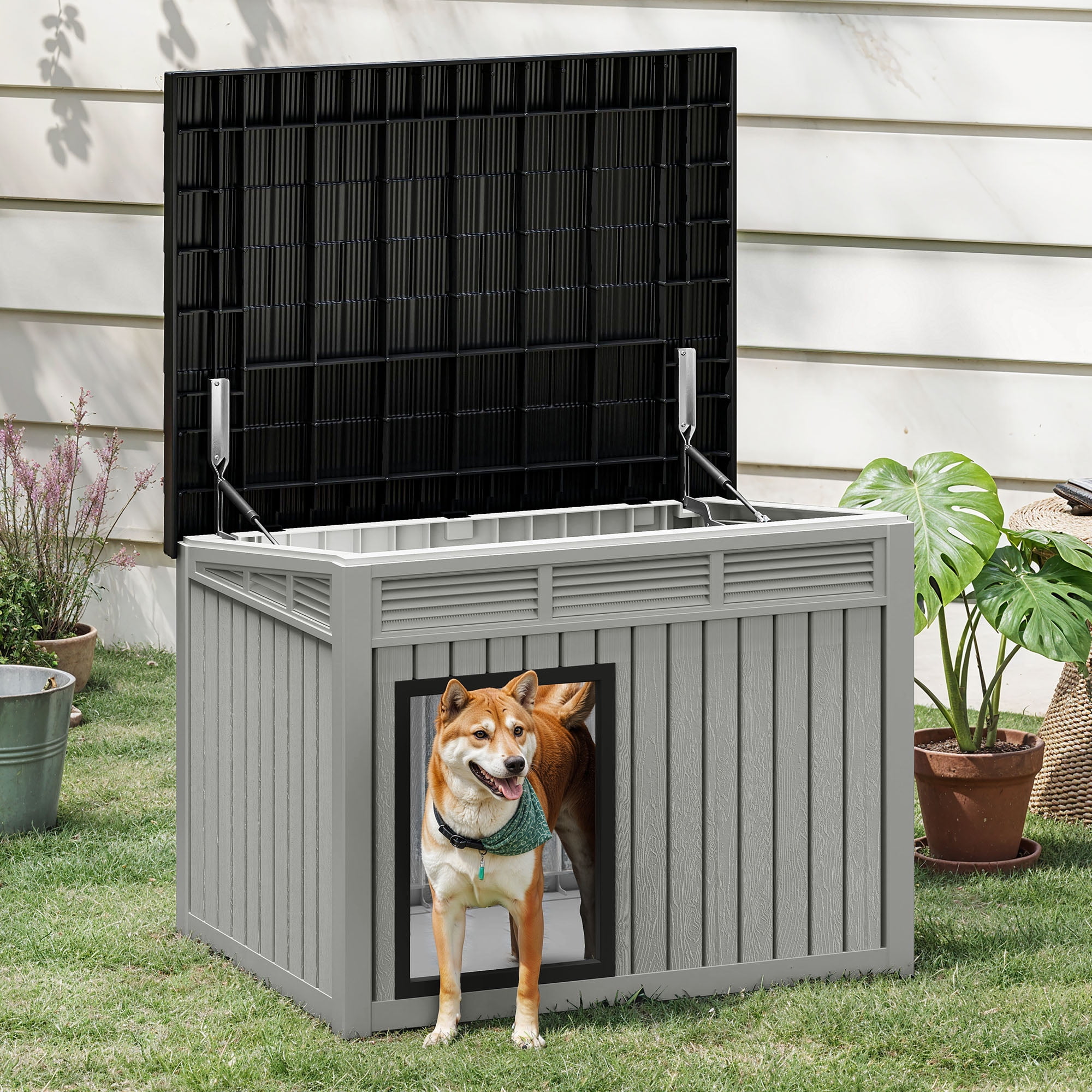 Dextrus Plastic Dog House with Lift-Up Sloping Roof,Indoor & Outdoor Dog Kennel,Waterproof & Ventilated,Gray,31.9"D x 24.8"W x 24.1"H