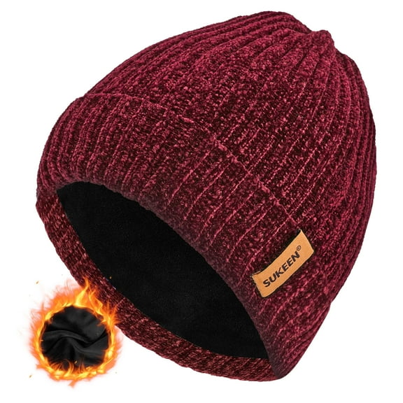 Women Winter Beanie Thick Fleece Lined Knit Beanie Hat Skull Cap, Red Wine