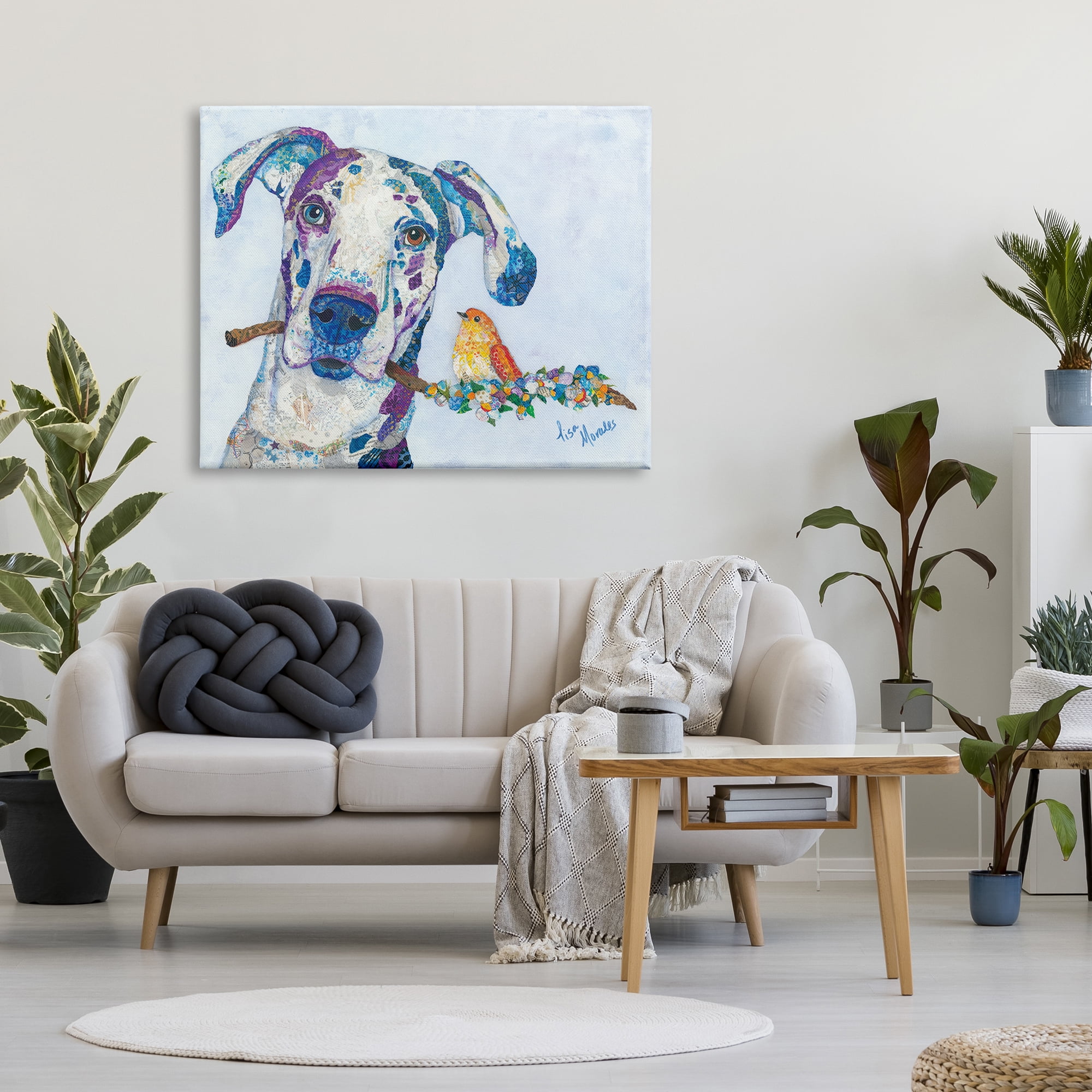 Stupell Industries Dane & Songbird Perched Branch Floral Dog Collage Painting Gallery Wrapped Canvas Print Wall Art, Design by Lisa Morales