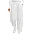 thumbnail image 3 of Women's Tapered Pants, Mid Rise Casual Pants with Elastic Waist & Side Pockets, Work Travel Running Outdoor Wear | VerBelle,White L, 3 of 8