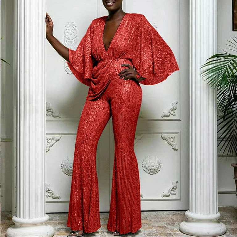 Elegant Glittering Women s Jumpsuit With Pageant Interview Suits for Teens Deep V Neck Wide Sleeves Jumpsuit with Pockets for Women And High Waist For Glamorous Turtle Neck Long Sleeve Evenings Lace