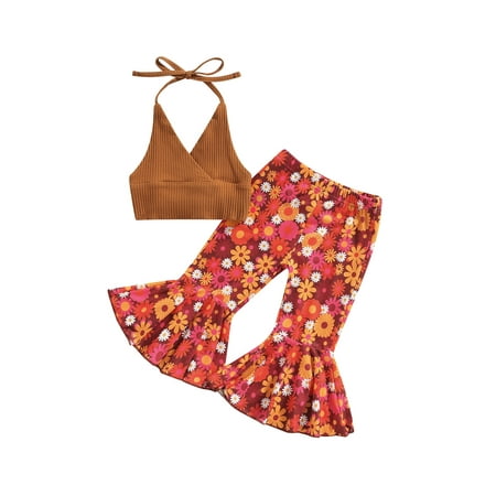 

aturustex Toddler Baby Girl Summer Clothes Sleeveless Halter Ribbed Crop Top Flower Flared Pants Bell Bottoms Outfit 1-5T