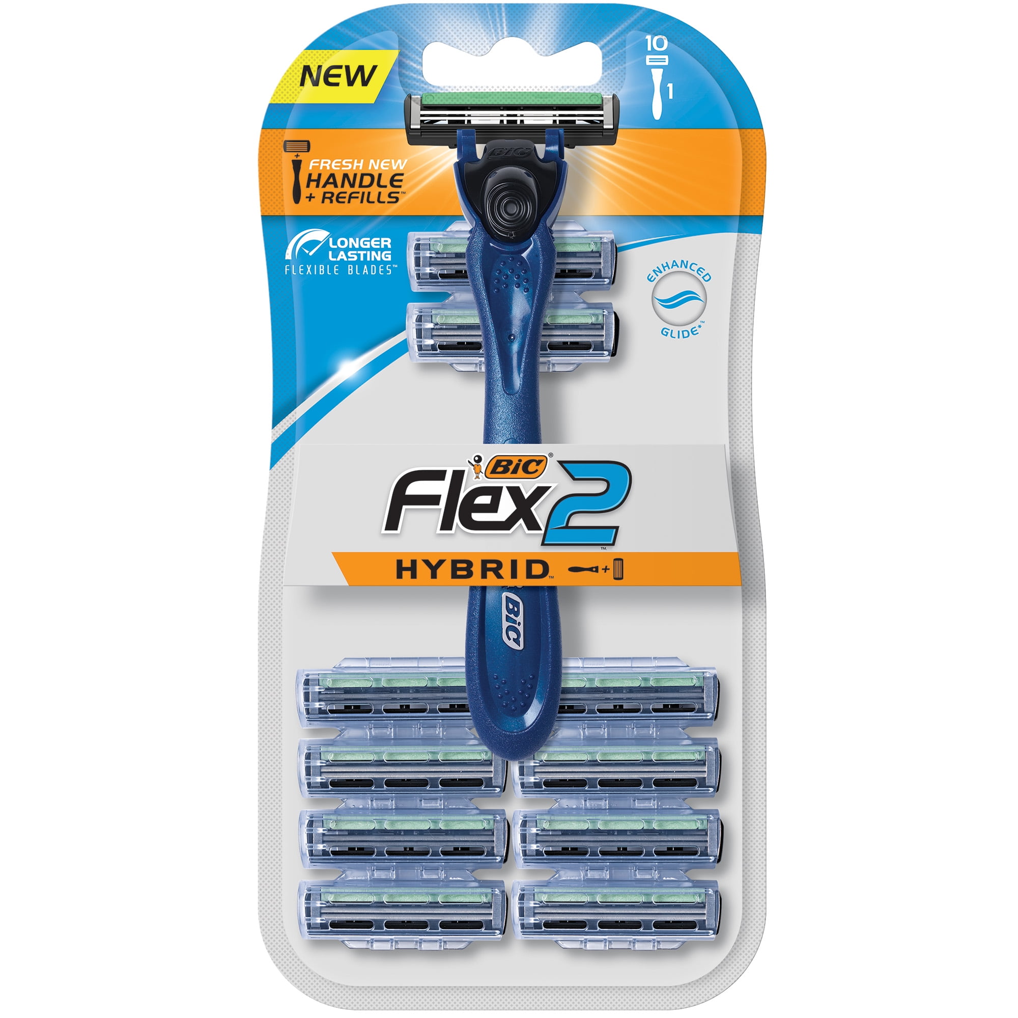 BIC Flex 2 Hybrid Men's Twin Blade Disposable Razor, 1 Handle 10 Cartridges