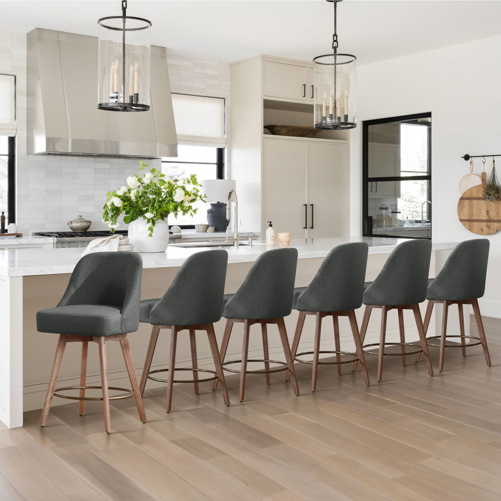 ANMINY Counter Height Bar Stools Set of 1, 26" Seat Height Upholstered Linen Fabric Swivel Barstools with Mid-Back Modern Chairs Island Stools for Home Bar Kitchen Pub