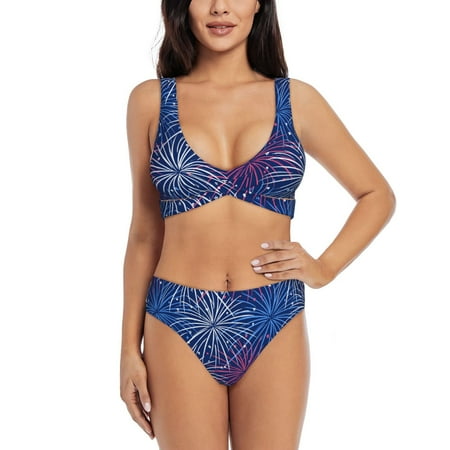 Zeuib Ireworks In The Night Sky High Waisted Tummy Control Bikini Set - Knot Front Push Up Top & Cheeky Thong Bottom  Two-Piece Swimsuit for Women-Large