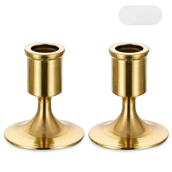 Set of 2 Gold Taper Candle Holders, Metal Vintage Gold Candlestick Holders for Christmas Mantel Decor, Table Centerpiece & Dining Room, Includes 10 Pieces Candle Wick Adhesive Tapes