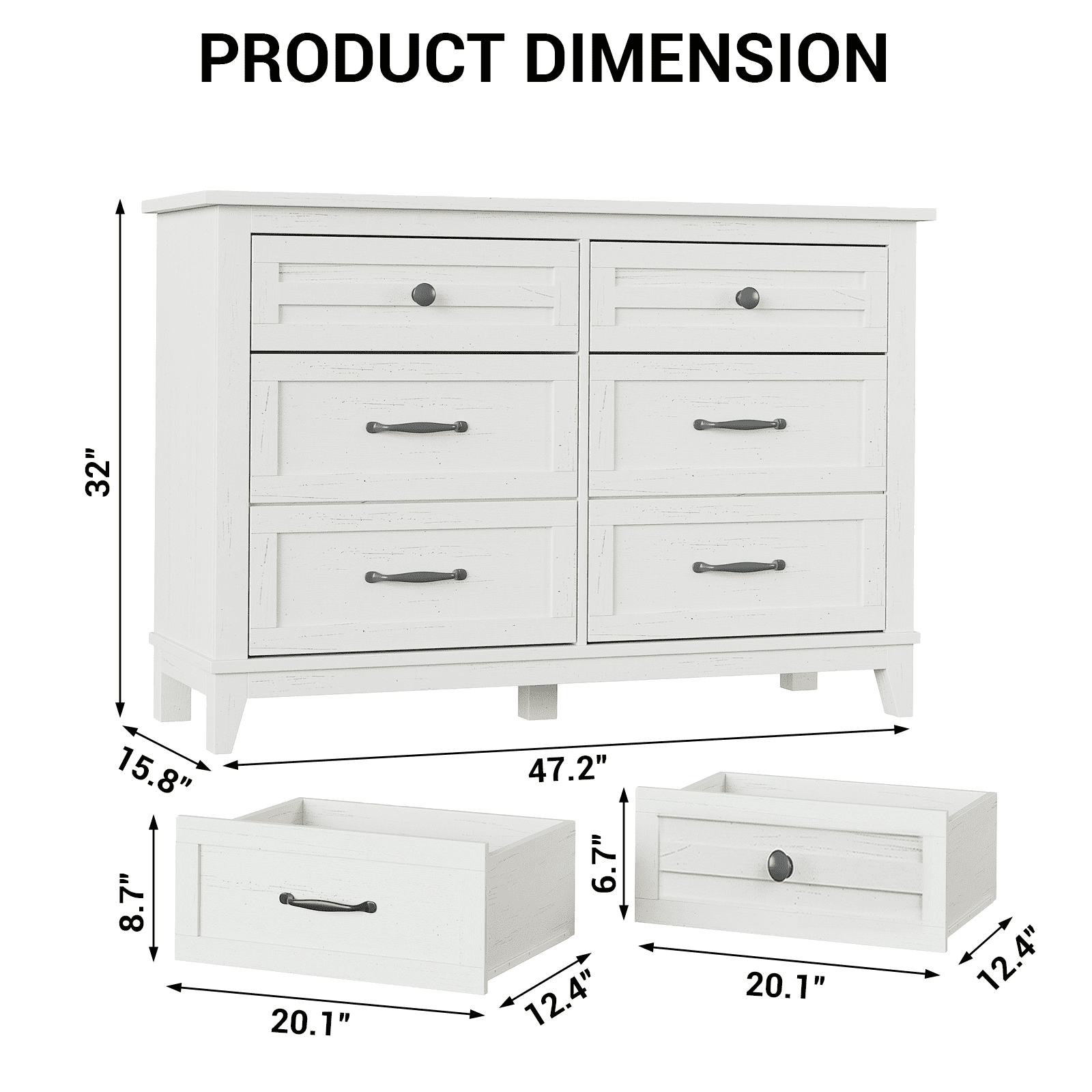 Modern 6 Drawers Dresser for Bedroom, 47" Wide Wooden Storage Chest with Antique Handles, Modern Farmhouse Dresser TV Stand with Wood Legs for Closet, Living Room, Hallway
