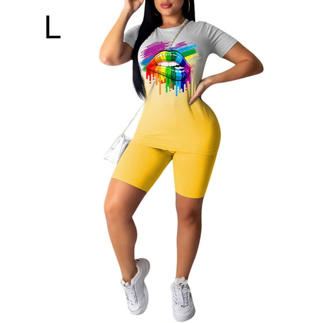 Conjunto de ropa deportiva para mujer, conjunto de pantalones cortos con top de yoga, camiseta deportiva de manga corta, amarillo, L kenally AP002243-03