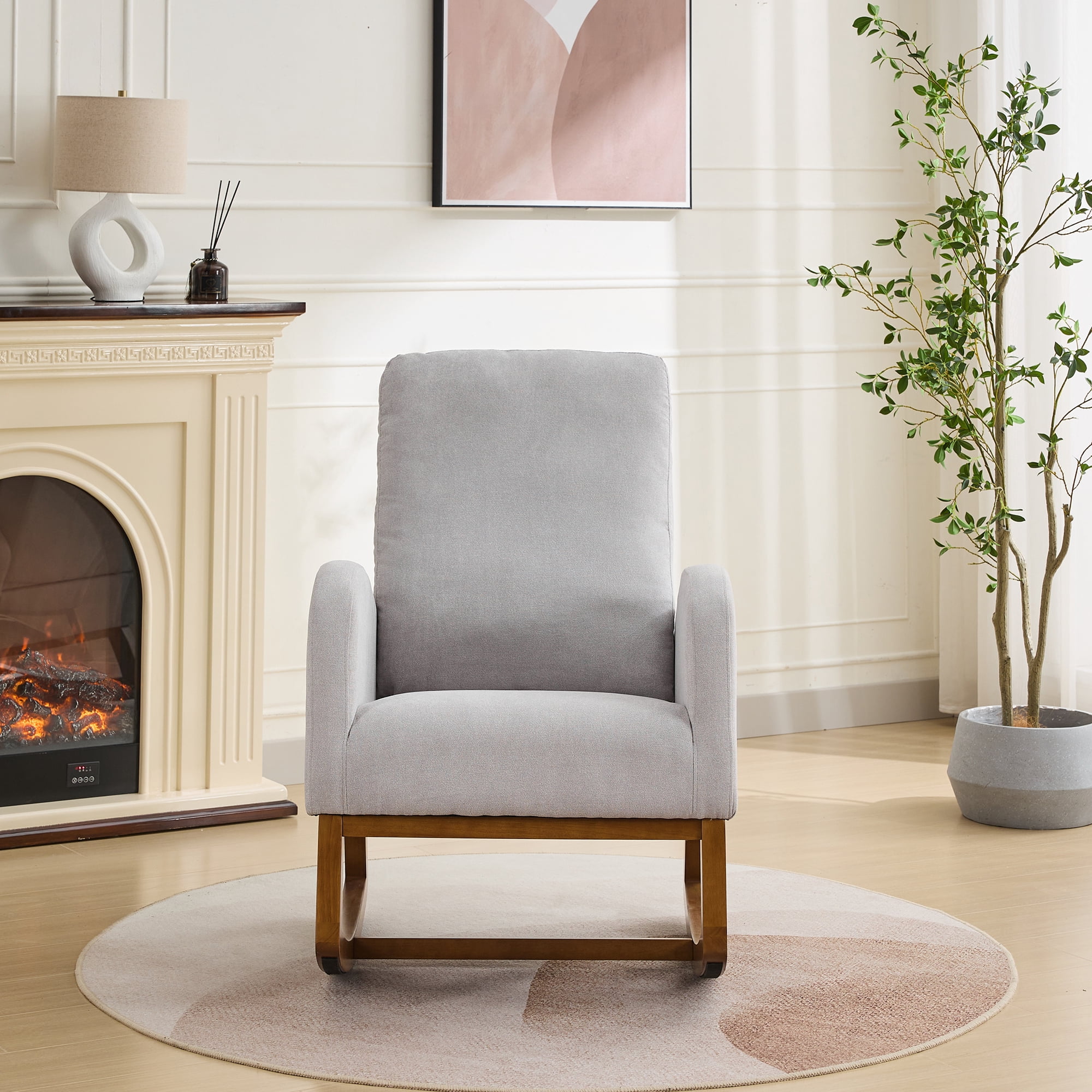 27.2"W Rocking Chair for Nursery, Polyester Glider Chair with High Back and Side Pocket, Rocking Accent Armchair with Rubber Wood Legs for Living Room/Bedroom.Light Gray