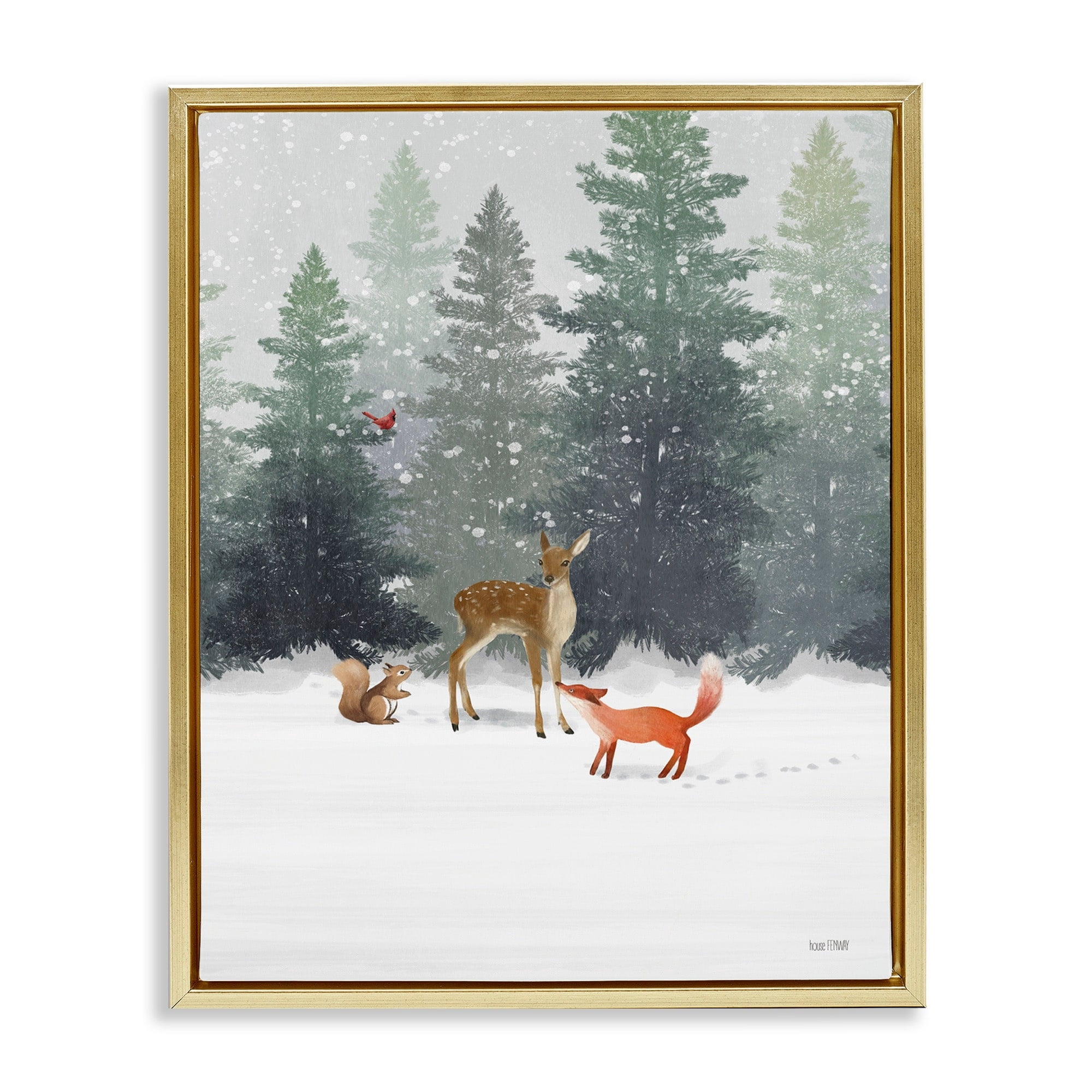 Stupell Industries Winter Season Forest Animals Fox Deer Squirrel Metallic Gold Framed Floating Canvas Wall Art, 24x30, by House Fenway