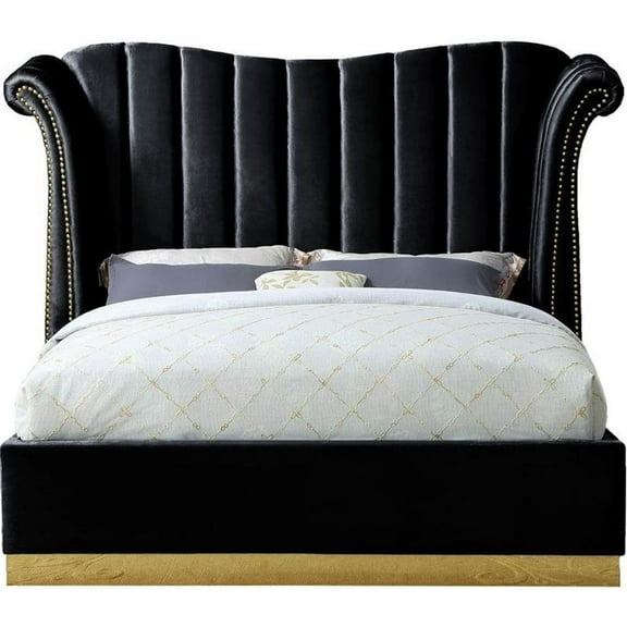 Maklaine Contemporary Solid Wood and Velvet King Bed in Black