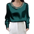 thumbnail image 3 of ManxiVoo Women Pearl Detail Satin Top Long Sleeve Crew Neck Blouse Elegant Fall Work Shirt Luxe Feel Blouse XXL Size Green, 3 of 7