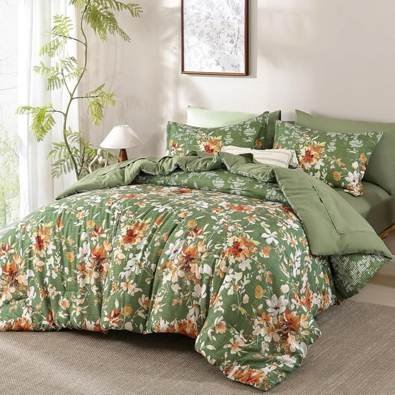 King Size Comforter Set, 7 Pieces Green Floral Comforter Set, Bed in a Bag King with Botanical Flowers Pattern, All Season Farmhouse Bedding Set with Sheets, Pillowcases & Shams
