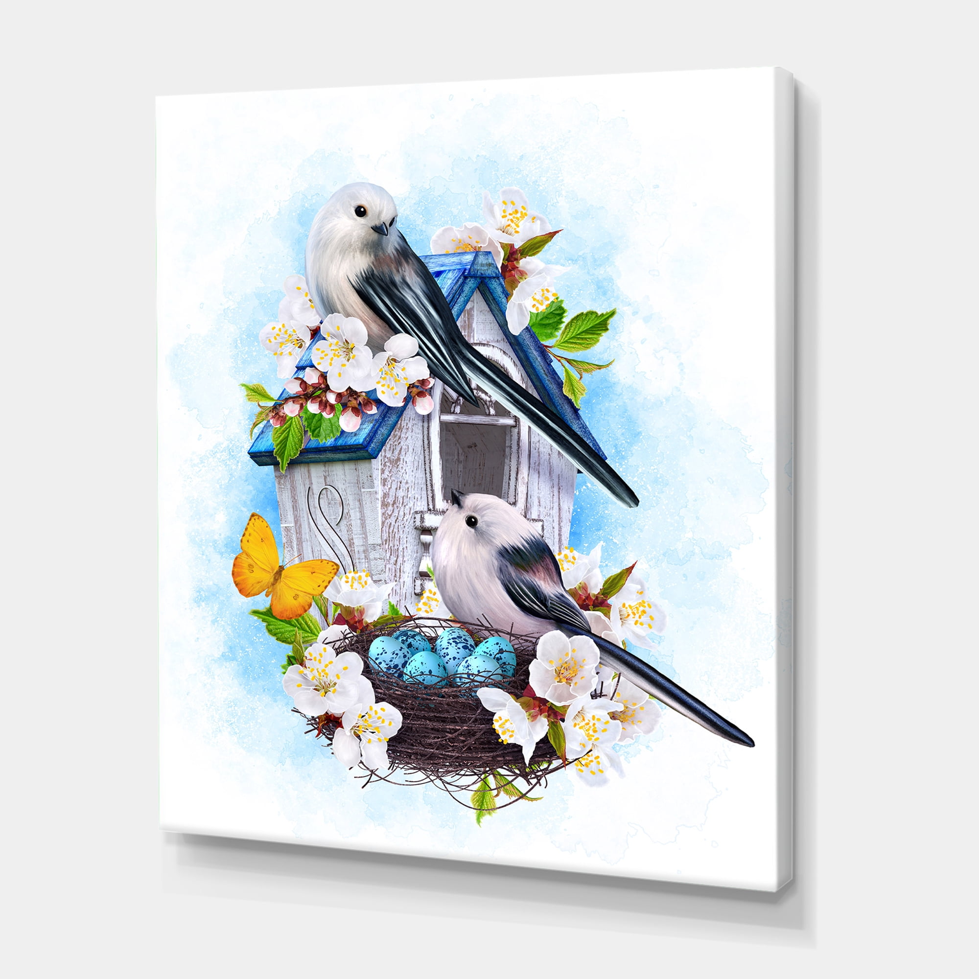 Two Tit Birds Sitting Near The Nest With Eggs and White Flowers II 16 in x 32 in Painting Canvas Art Print, by Designart