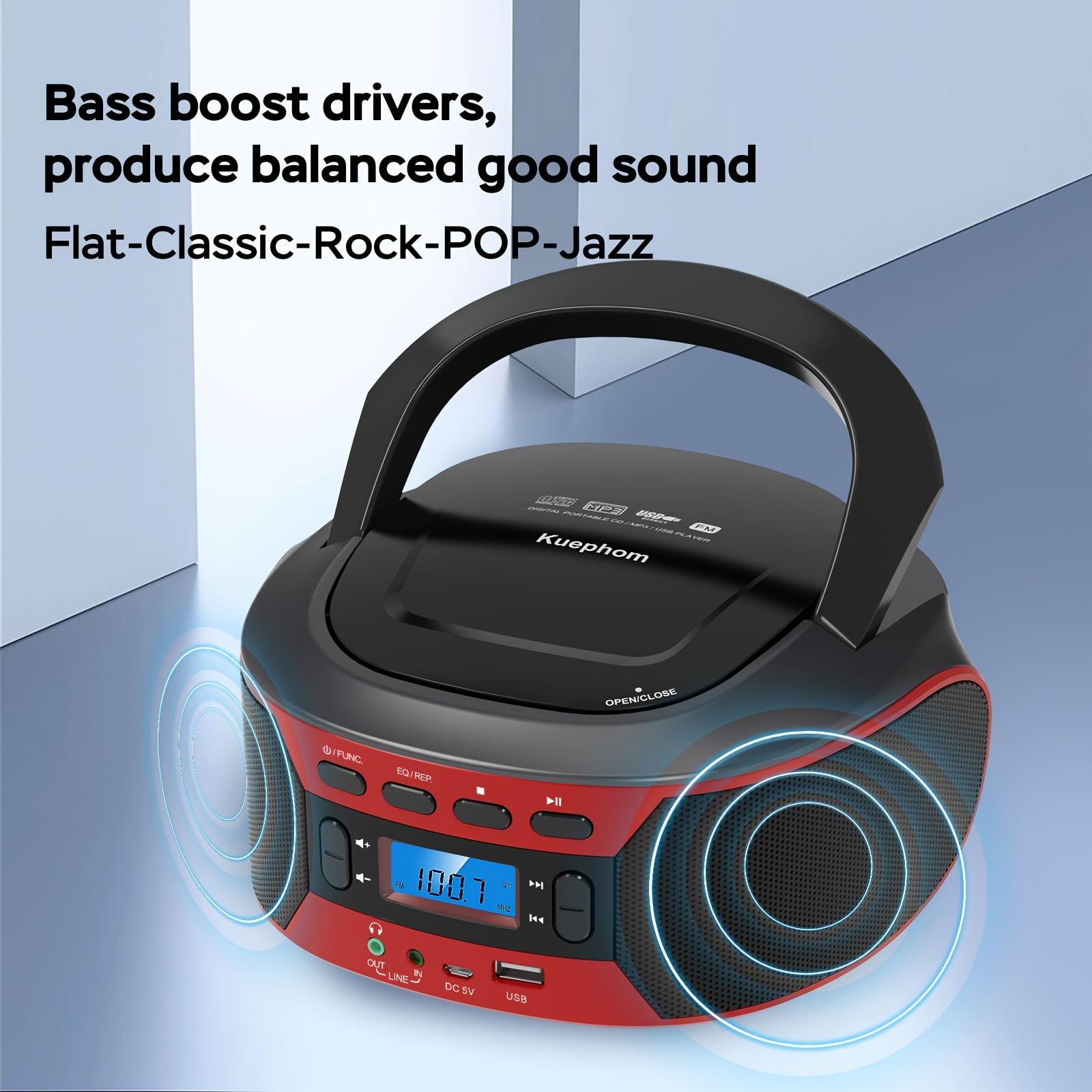 Portable CD Player Boombox with BT, FM Radio with CD Player Combo, CD Boombox with AUX/USB Playback and Earphone Jack. CD Players for Home with Stereo Speakers, Battery or AC Powered.