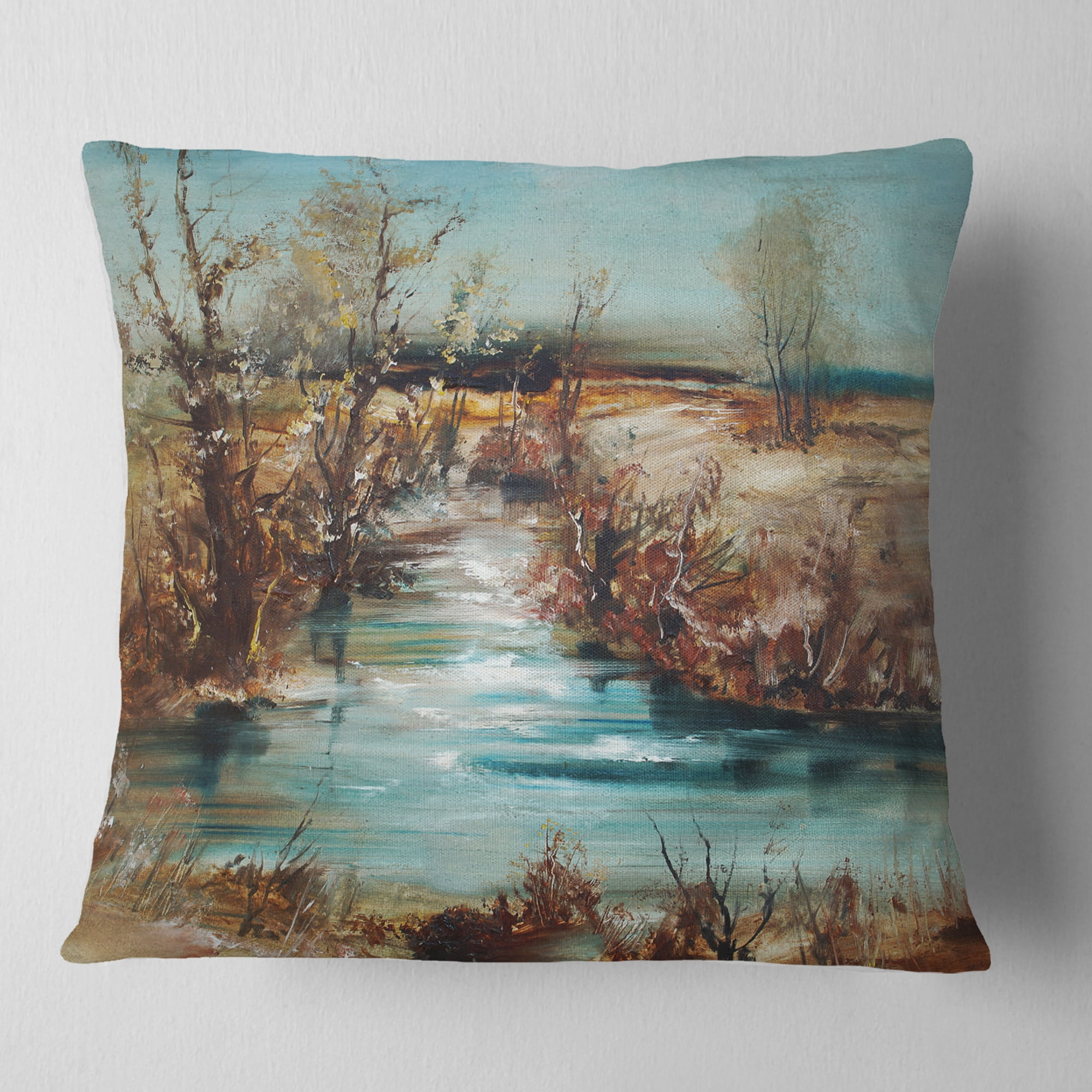 Designart Trees and Creek Oil Painting - Landscape Painting Throw Pillow - 18x18