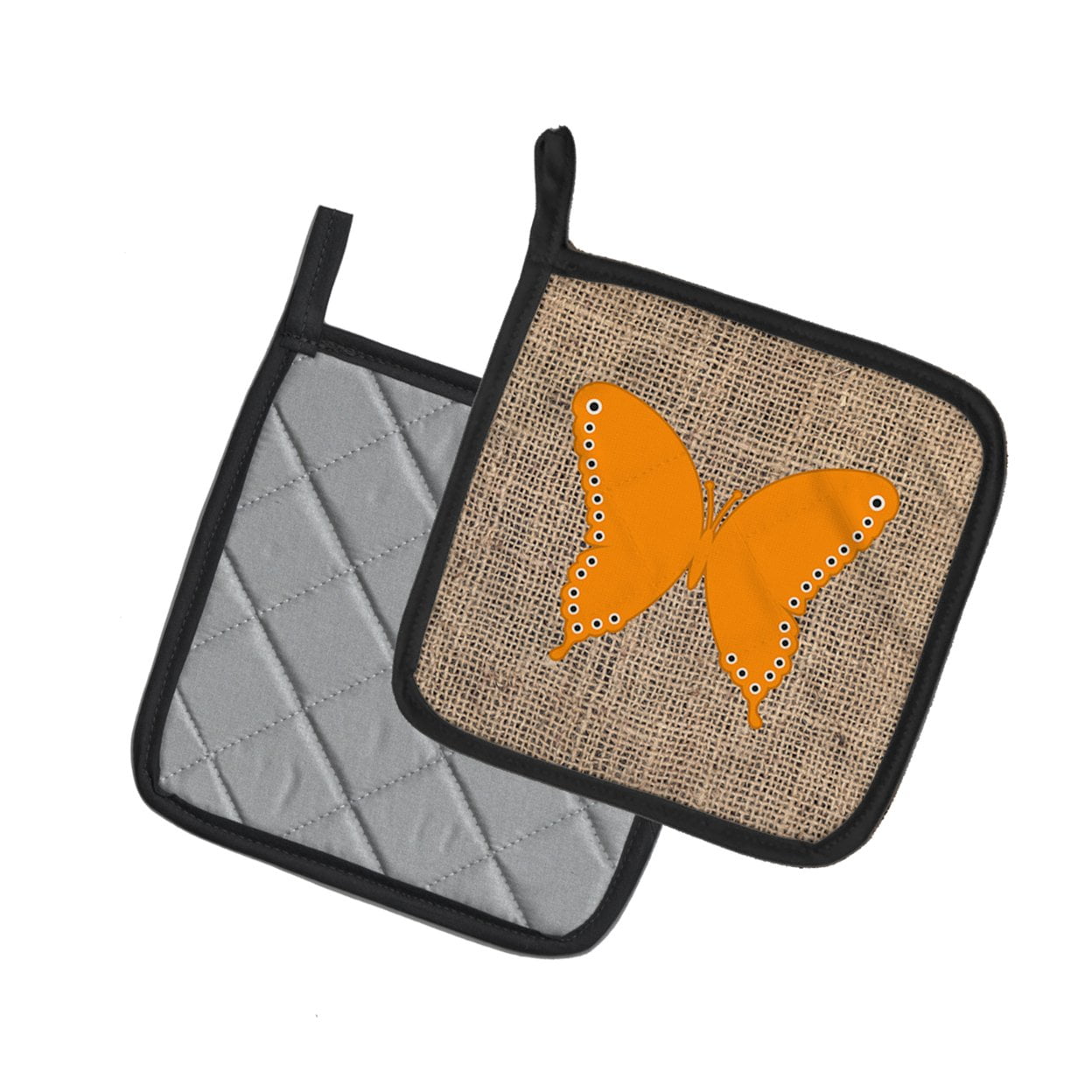 Caroline's Treasures BB1036-BL-OR-PTHD Butterfly Faux Burlap and Orange Pair of Pot Holders , 7.5HX7.5W, multicolor