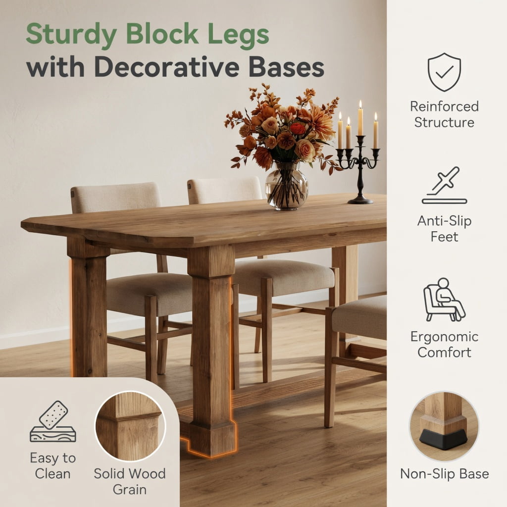 Hommoo 63 Inch Solid Wood Farmhouse Dining Table for 4–6 People, Rustic Rectangular Kitchen Table with Heavy-Duty Square Legs & Reinforced Crossbar Support, Natural