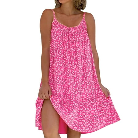 XVJRHAK Sundresses for Women 2024 Women Casual Floral O Neck Ruffle Hem Spaghetti Strap Sleeveless Short Dress Beach Dress Long(Hot Pink L)