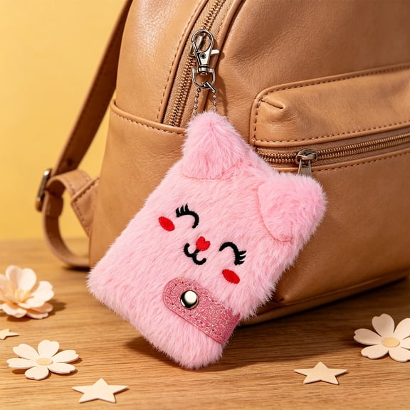 Kawaii Cat Plush Notebook Mini Fluffy Journal Keychain Portable Writing Pad Cute Stationery Gift