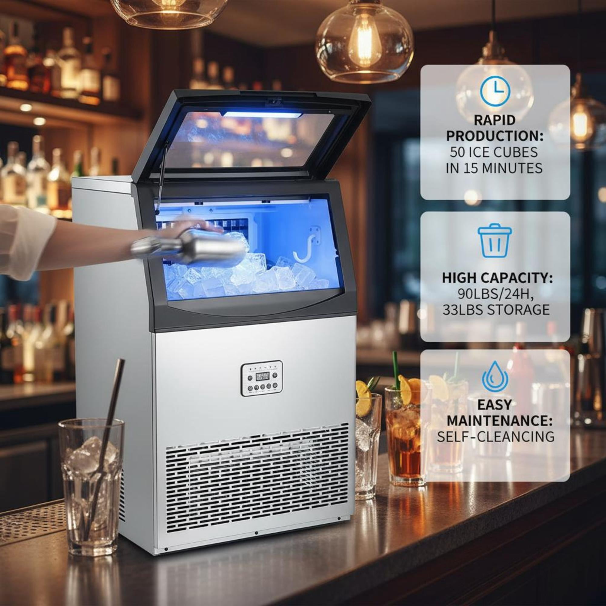 Commercial Ice Maker, 90lbs/24H, 33lbs Storage, Self-Cleaning Freestanding Ice Machine with LED Display for Restaurant Bar Office