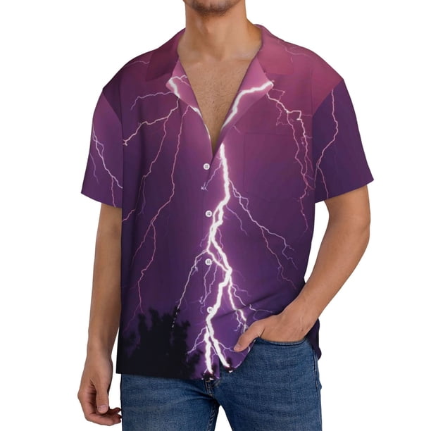 Balery Thunderstorm Violet Purple Camisa Casual de Manga Corta con Botones para Hombre, Texturizada, Estilo Cubano, para Playa, Verano-4X-Large