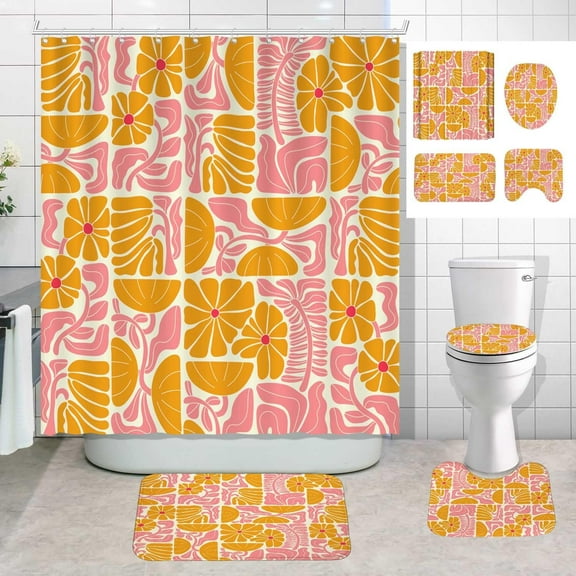 4PCS Watercolor Pink Floral Shower Curtain Sets with Rugs, Waterproof Fabric White Shower Curtain, Spring Peony Blossom Plant Botanical Leaves Aesthetic Country Rustic Flower Bathroom Decor