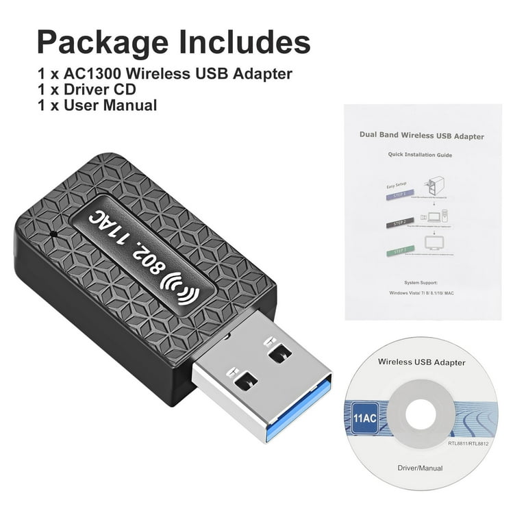 1300Mbps USB 3.0 WiFi Sans Fil 5.0 Adaptateur 2in1 Dongle Double