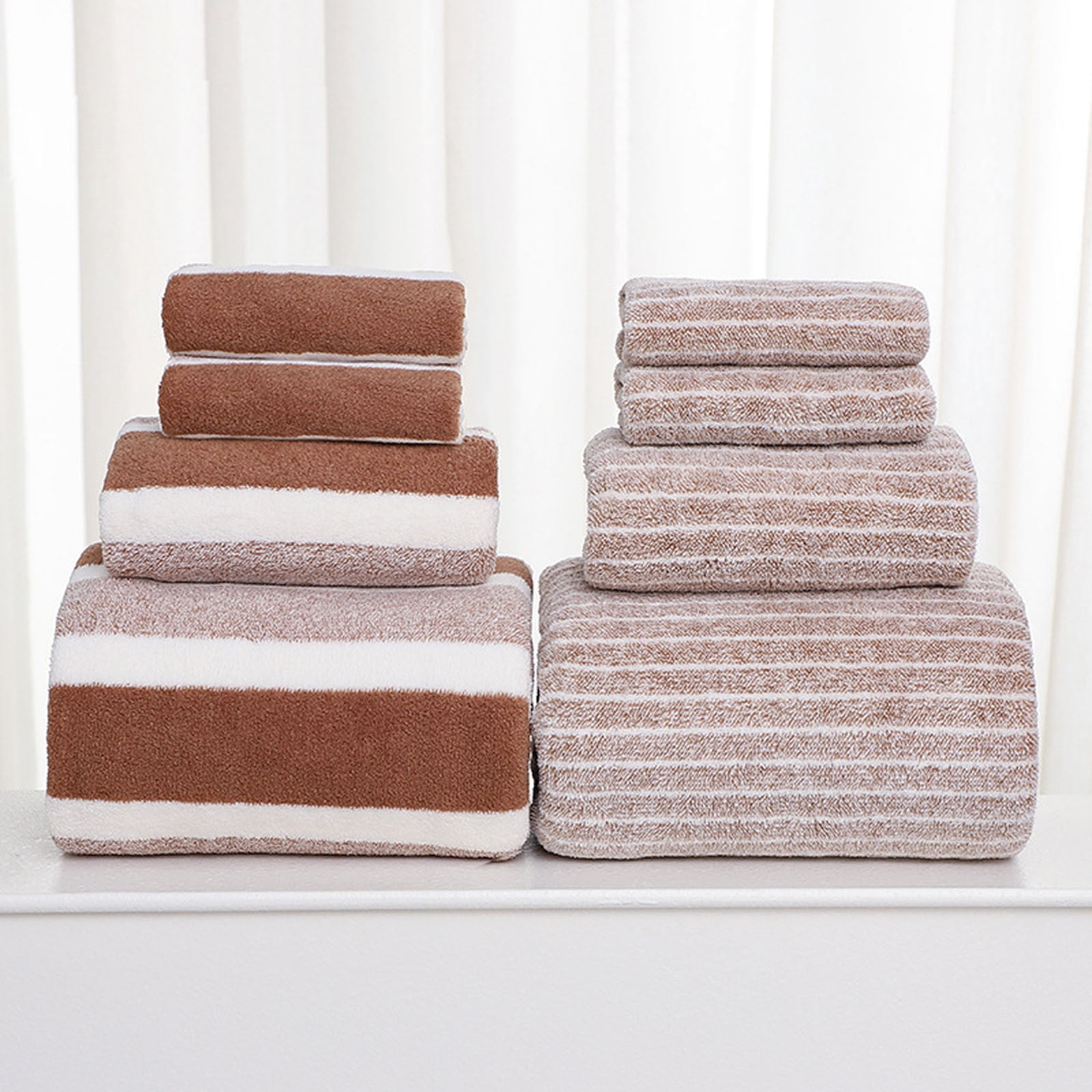 Twfbrm 8 Piece Microfiber Bath Towel Set, Coral Velvet Highly Absorbent Striped Towels, 2 Bath Towels 2 Hand Towels and 4 Wash Cloths, Soft and Lightweight Towels for Bathroom Gym Beach Hotel and Spa