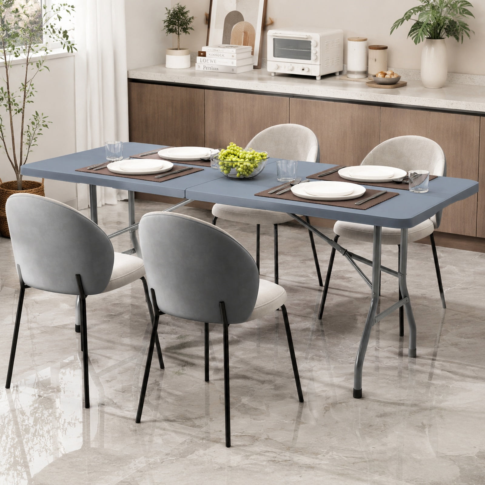 Vebreda 6 Foot Portable Folding Table with HDPE Tabletop and Fold in Half Design and Carry Handle for Picnic Party and Outdoor Events, Gray