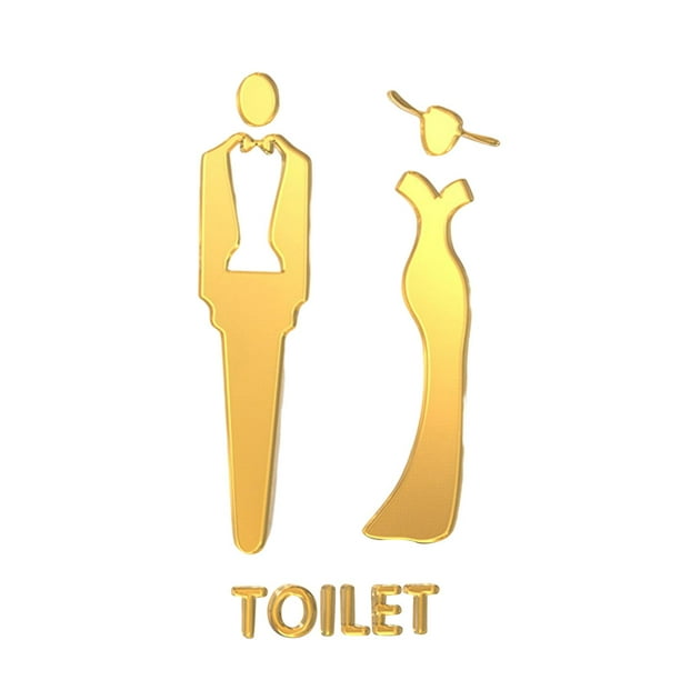 Letrero para puerta de baño unisex, acrílico, adhesivo para baño, para hombre y mujer Dorado