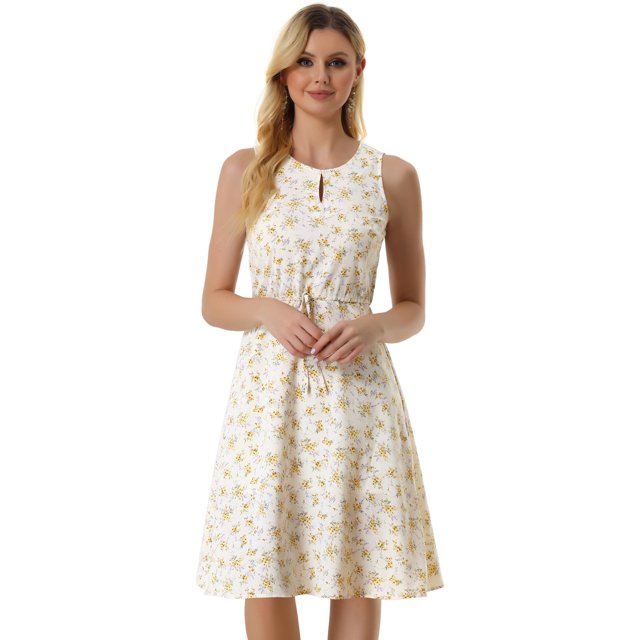 Vestido Allegra K A Media Pierna Sin Mangas Cuello Dividido Cintura Con Cordón Estampado Amarillo Blanco S